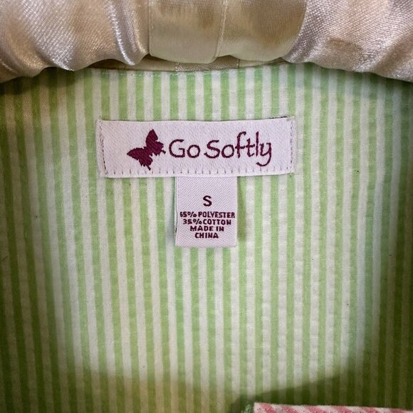 Go Softly Womens Striped MuMu Housedress Small Maxi Short Sleeve Green Pink Zip - Picture 2 of 8